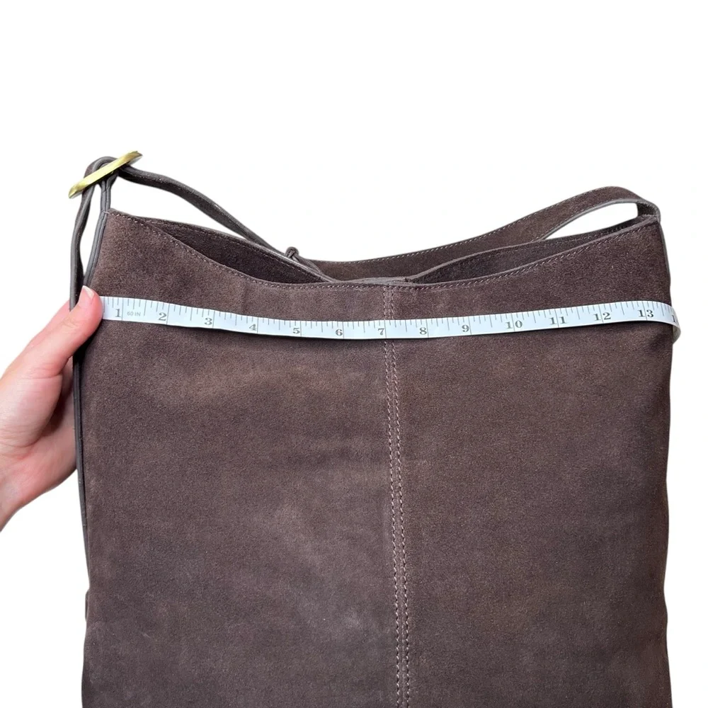 Chocolate Brown 100% Genuine Suede Leather Slouchy Hobo Bag Gold Buckle Strap - Picture 15 of 16
